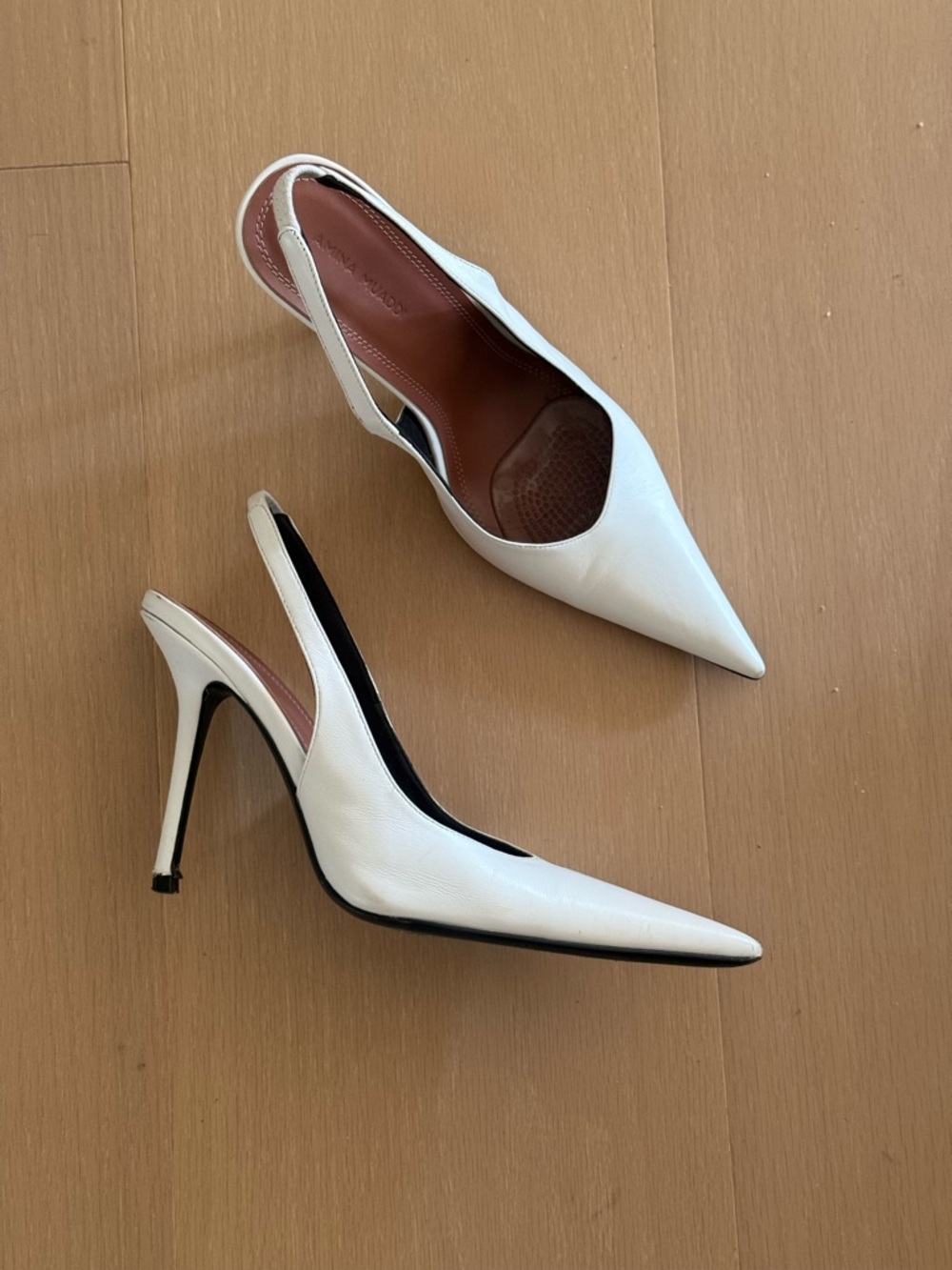 Amina Muaddi Lamb Leather White Pointed Slingback Pumps